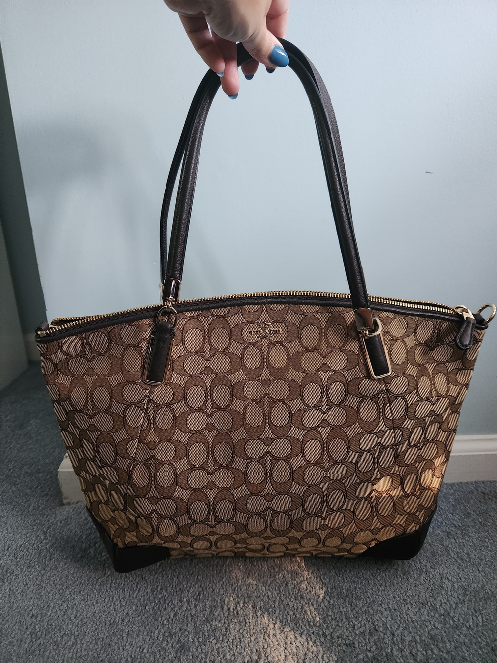 Coach Brown Signature Canvas Tote Bag with Dark Brown Leather Trim
